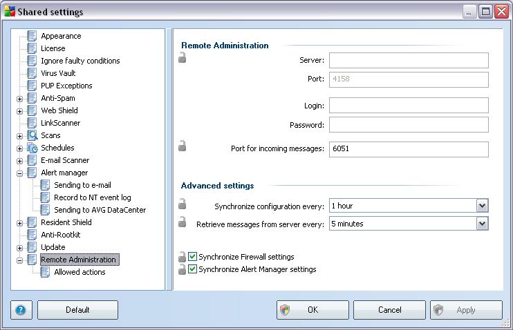 10.1.3.Remote Administration The Remote Administration settings available from AVG Admin Console contain some additional settings (in comparison to station settings).