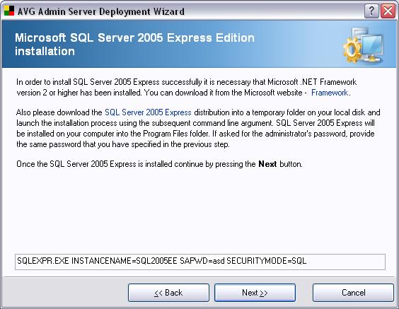 Continue to the next screen by pressing the Next button. If you selected New SQL server 2005 Express Installation in the previous steps, you will experience a dialogue similar to the one below.