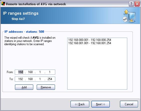 5.3.2. Enter an IP Range If you choose to install AVG remotely according to an IP range, the following dialogue will appear: You need to specify the scanning range by entering the IP addresses here.