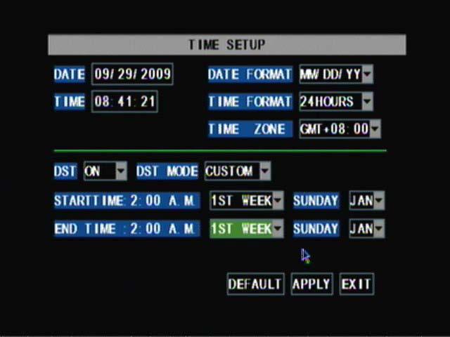 MAIN MENU DST DST stands for daylight saving time; you can adjust the DVR to change automatically when daylight saving time approaches, this is so you don t have to go back and do it yourself.