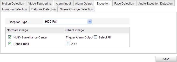 1. Enter the Exception Settings interface: Configuration > Advanced Configuration> Events > Exception 2. Check the checkbox to set the actions taken for the Exception alarm.