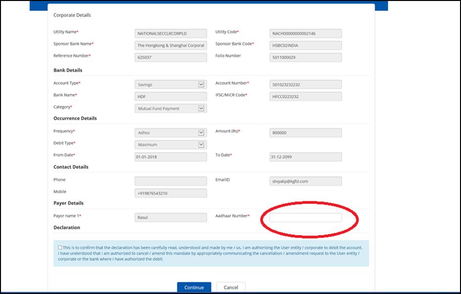 6. In case member opts for online option, on submission of the Mandate, below screen will