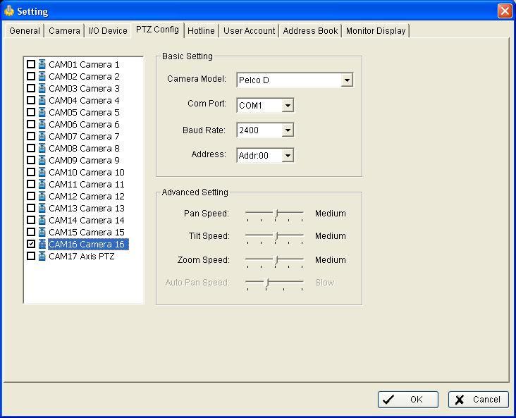 Configuring the Software: C. Click on the PTZ Config Tab. D. Select the Camera you want to set up PTZ control on and put a check in the Checkbox to the left. C. E.