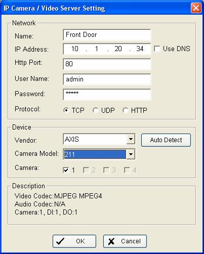 Adding an IP Camera: A. Click on the Insert button under the camera tab as shown below. B. Here you need to set the camera name, IP address, Http port (default is always 80) and user name / password.