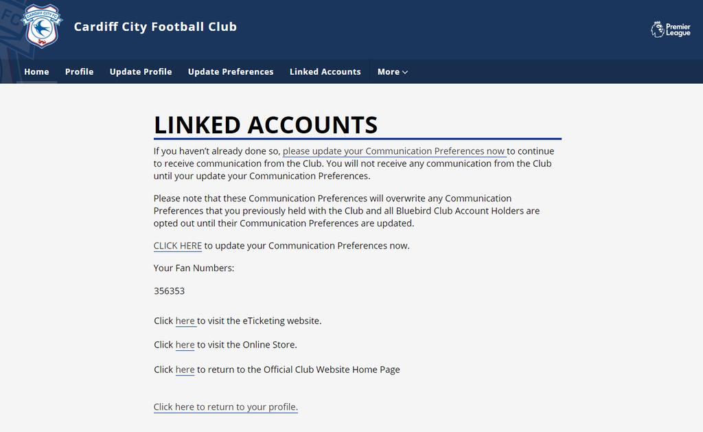 14. Your Fan Number is now linked to your new Bluebirds Club Account and is visible under Your Fan Numbers in the Linked Accounts tab.