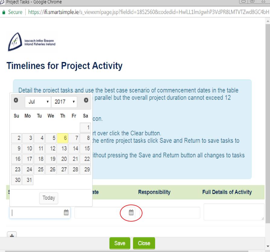 Figure 17. Date Picker: In some questions (Figure 17) you may be asked to enter estimated dates you intend to undertake certain tasks (such as project planning tab).
