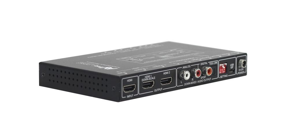 AC-AVDM-AUHD 18 Gbps (4K60 4:4:4, and HDR) Audio Down-mixer, with video downscaling.