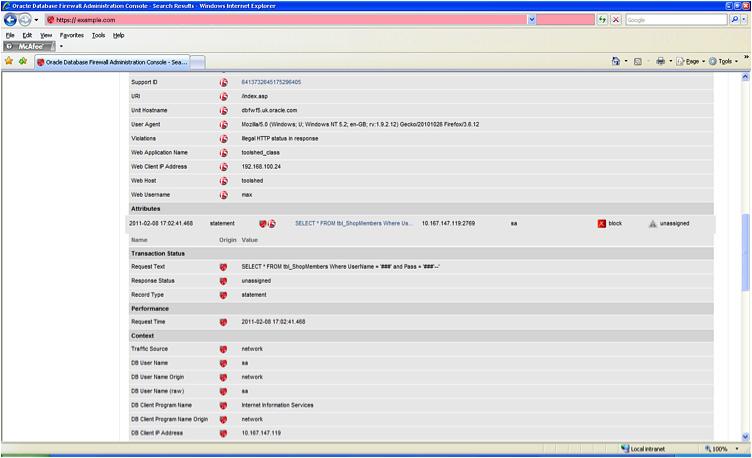 Figure 3: Oracle Database Firewall report screen Interaction of BIG-IP ASM and Oracle Database Firewall While both security solutions can detect and block SQL injection attacks, in this solution,