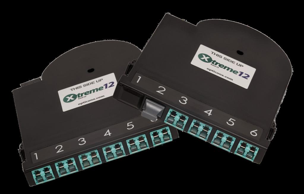 Xtreme12 TM 10G Cassette Modules Cassette modules provide the interface between MTP terminated trunk cables and 10GbE LC (SFP+), and/or 40GbE MTP (QSFP+) terminated patchcords and harnesses for