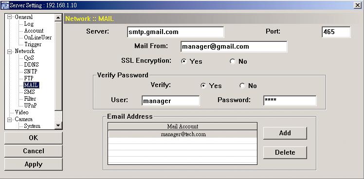 Function Server Port Mail From SSL Encryption Verify Password Email Address Enter the SMTP server address provided from your e-mail system supplier.
