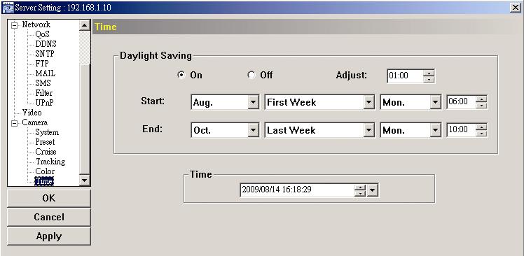 To restore the default values, click Default, and click Apply to confirm the change. 4.4.5 Time Set daylight saving time and the current time.