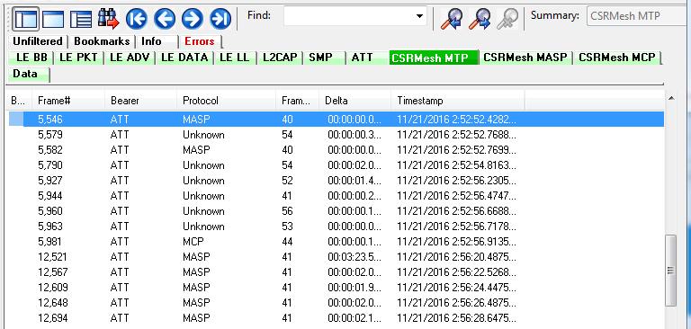 Chapter 3 Configuration Settings Figure 3.34 - CSRMesh MTP tab Summay pane display The bearer can be "ATT" or "LE", and the protocols detected can be "MASP", "MCP", or "Unknown".