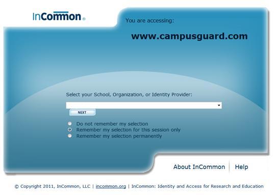 The browser will automatically navigate you first to the InCommon page where you will select your institution from the drop down menu.