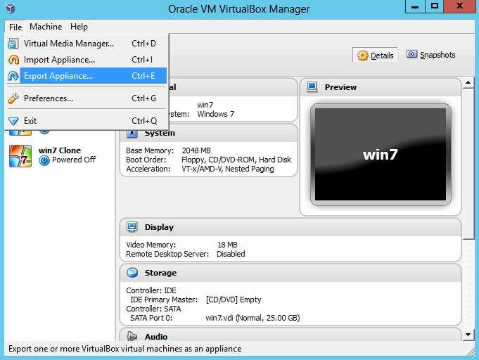 VirtualBox export/import Open Oracle VM VirtualBox