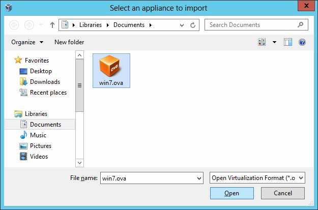 Browse the folder that we have export the ova file to, select win7.