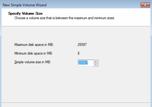 A new window called New Simple Volume Wizard will pop up.