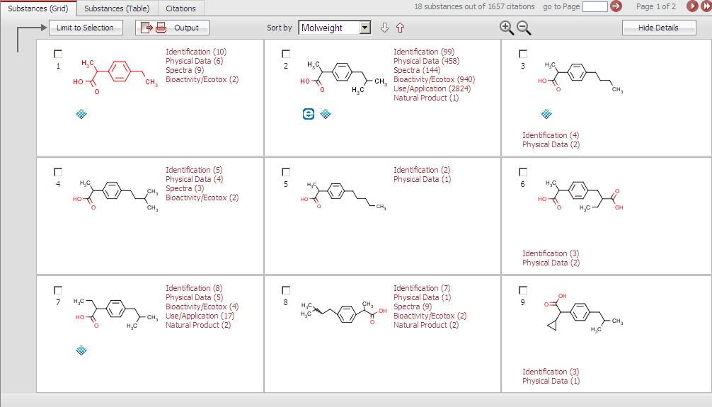 Substances and Properties Substances (Grid) tab Grid view For a quick overview results are displayed in a grid.