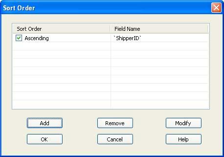 Figure 12: Apply Sort Select check mark for columns for which you want to apply sort order. Select sort order as "Ascending" or "Descending", select field from "Available Fields" popup.