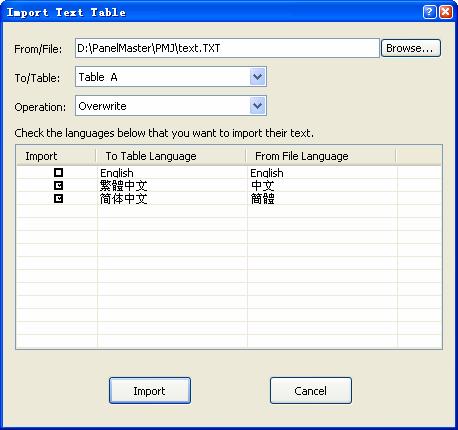 42 You can click the following icons to bring up the corresponding dialog box to import or export texts. Icon Imports texts from a text file(.txt file) to the selected table.