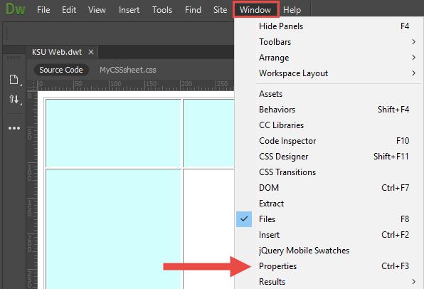Note: If the properties panel is not displayed, you can enable it by selecting Properties from the Window tab on the Menu Bar.