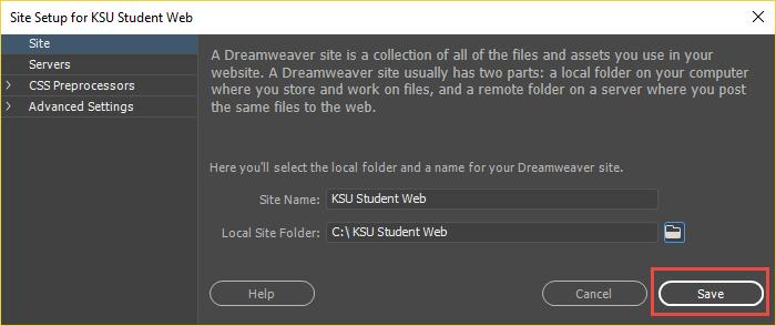 6. The Local Site Folder will be set. Dreamweaver will save your website to this folder. Figure 10 - Local Site Folder 7.