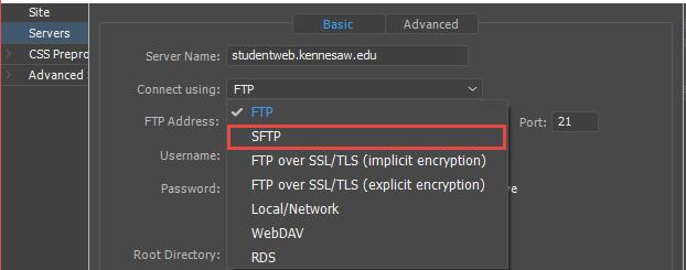 4. From the Connect using: drop-down, select SFTP (Secure File Transfer Protocol). Figure 14 - Connect using SFTP 5. New fields will become available for SFTP. a. Type in the SFTP Address (See Figure 15).