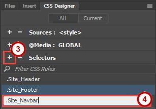 On the Properties panel, click CSS to display the CSS properties (See Figure 61). 2. Click the CSS Designer button to open the CSS Designer panel (See Figure 61). Figure 61 - CSS Properties 3.