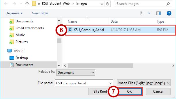 6. The file explorer will open. Navigate to the Images subfolder in your local web folder and select the image you wish to insert (See Figure 84). 7. Click OK (See Figure 84).