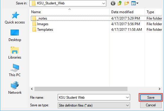 5. The File Explorer will open. Browse to the location where you wish to save the site definition, and then click Save.