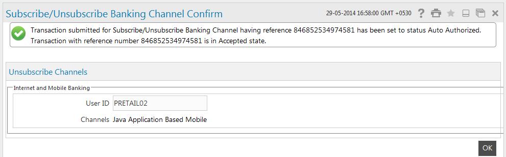 In order to Unsubscribe from the channels: 1. Select the check box to unsubscribe for Mobile Banking. 2. Click the Update button.