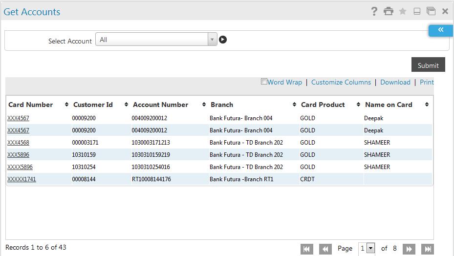 Debit Card Details Field Field Name Select Account [Mandatory, Dropdown] Select the account to view the debit card details from the dropdown