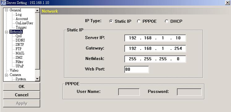Step2: Select Network to make network settings based on your network environment. There are three network connection types: Static IP, PPPOE, and DHCP.