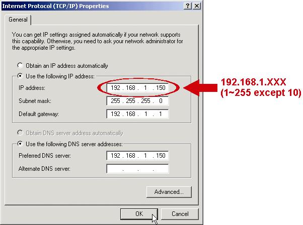 d) In the General tab, select Use the following IP address, and set the IP address as described