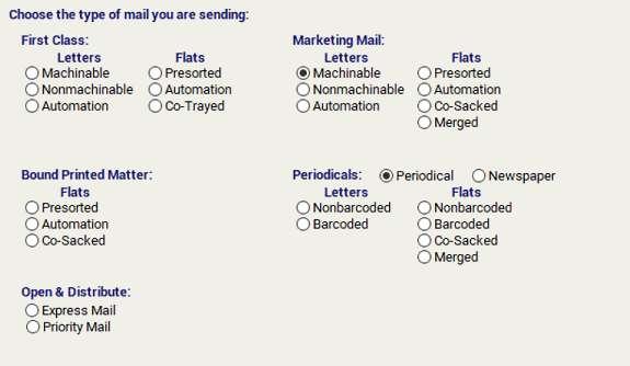 Smart Barcoder User Guide Page 40 Choose the type of mail you are sending: Select the type of mail you will be sending.