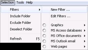 Selection menu Option Filters > New Filter Filters > Edit Filters Click the option to... Create a new filter to automate inclusions or exclusions based on file type.