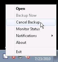 Cancelling a backup Once a backup is in progress, you can cancel the process via the Backup