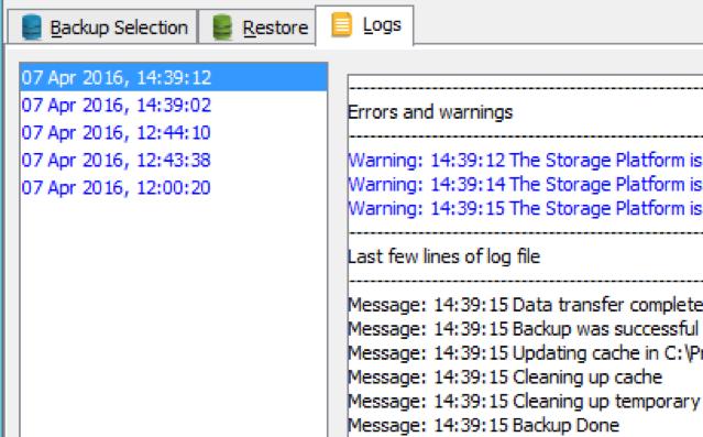 8. Logs The Backup Client logs all backup and restore processes and their results in log files that you can view on the Logs tab.