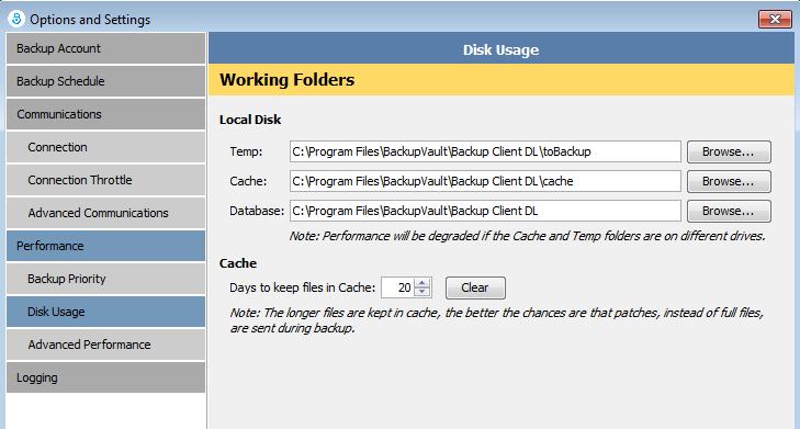 Disk Usage You can use the Disk Usage page in the Options and Settings dialog box to specify the working folders and control the cache.