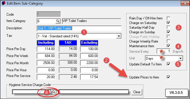 Enter the charge rates on the "Item" per: Day / Week / Month / Hour / Service, and select the option to "Update Price to Item" 3.
