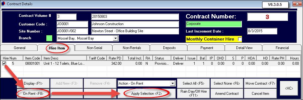 Step 10 - Creating Contracts 47 In order to change the "Item's" status - should the "Item" be delivered to the "Site" immediately - click the "On Rent" button and then "Apply