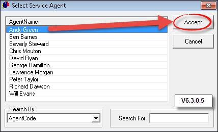 Click on the magnifying glass next to "Service Agent", and select the applicable person who will be