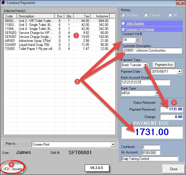 Step 15 - Account Payments 75 1. All outstanding amounts connected to this contract will be displayed in the left hand side of the window 2.