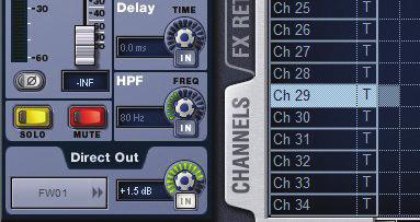 3 Click the Pro Tools tab at the top right of the grid to show the available FWx channels. 4 Click in the channel grid to route the Main Left and Right outputs to FWx channels 1 2.
