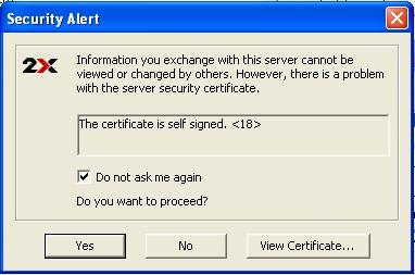 The first time you run RMS Cloud, you may see a 'Security Alert' about the server security certificate being self signed. Tick the 'Do not ask me again' option and then click 'Yes' to proceed.