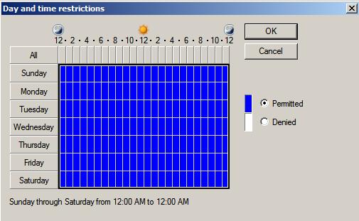 5. On the Day and time restrictions window, select Permitted and then click OK. (The screen image above is from Microsoft, Inc. software.
