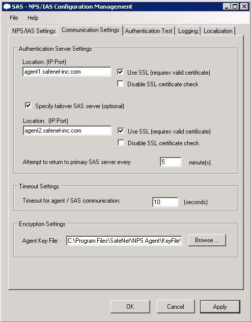 Configuring Communication Settings NOTE: To set the encryption settings, the Agent Key File must be downloaded from the SafeNet Authentication System Management Console.