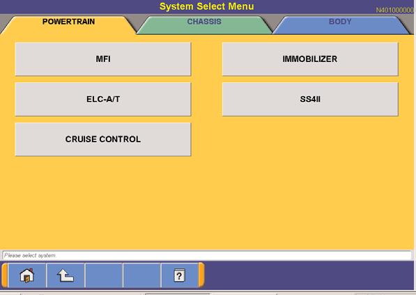 Functions & Systems The Main Menu provides you with four options: System Select - Provides access to the various vehicle systems under three main headings: Powertrain, Under Car, and Body Special