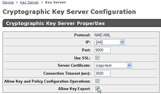 Enable Key Export on the KeySecure. (see steps below) Log in to the KeySecure Management Console with administrative access. Go to Device tab > KeyServer. Go to NAE-XML properties and click Edit.