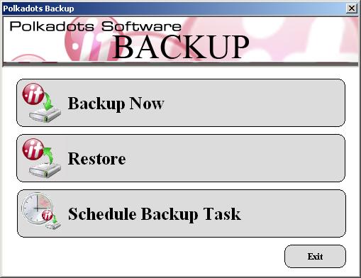 Figure 85 Polkadots Backup main window The backup can be performed immediately by clicking Backup Now or at scheduled intervals by clicking Schedule Backup Task and then specifying when you would