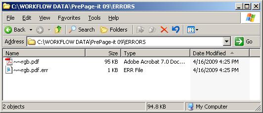 Figure 164 Error message from PrePage-it server The error message provides information pertaining to the job that stopped processing.